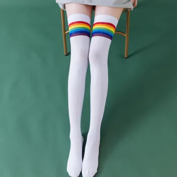 Sobre o joelho, Meias Meias Longas Meias de Mulher coreano Japonês de Alta Tubo de arco-íris Tira a altura do Joelho, Meias Faculdade de Bezerro Meias Kawaii