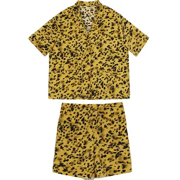 Maison Gabrielle 2021 Verão de Novo Leopard Impresso Conjunto de Pijama de Cetim de Seda de Manga Curta, 2 Peças de Loungewear Pijamas para Mulher