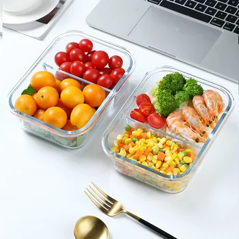 Novo vidro transparente caixa de almoço portátil de armazenamento de alimentos caixa de aquecimento por microondas caixa de almoço merenda escolar caixa de recipiente de comida