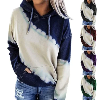 Tie Dye Impressão Mulheres Hoodies Camisolas De Outono Inverno Com Capuz Com Cordão Manga Longa Senhoras Pulôver Casual Bolso Jumper Hoodies