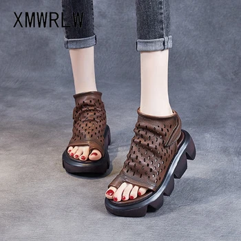 XMWRLW 2021 Estilo Retro Mulheres de Verão, Sandálias de Couro Genuíno Sapatos feitos à mão Para as Mulheres de Verão, Sandálias Gancho Loop de Sapatos de Senhoras