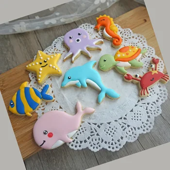 3D DIY dolphin cavalo-marinho Selos de Plástico Biscoito Biscoito Decoração Moldes do cavalo-marinho Biscoito da Forma Marinho Criatura Moldes de 8pcs/set