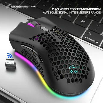 SAMTIAN 2.4 GHz Wireless Gaming Mouse USB Recarregável 1600DPI Ajustável RGB Retroiluminado Ocos Favo de mel Gabinete Gamer Ratos