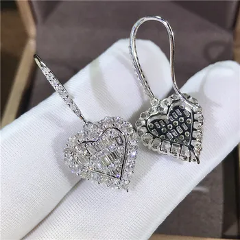 Nobre Real 925 Brincos de Prata para Mulheres de Luxo Cheio de Zircão Coração Dangle Brincos Gotas de Dia dos Namorados presentd