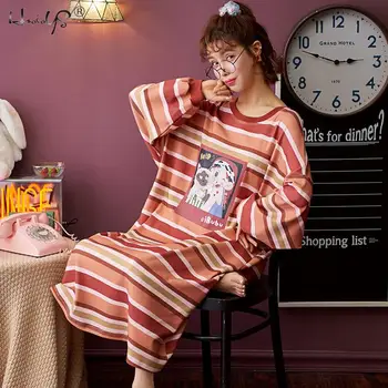 Camisola Bonito Dos Desenhos Animados Nightdress Mulheres De Algodão Doce Camisolas Princesa Faixa Pijamas Solta Mole De Manga Longa Feminina Homewear