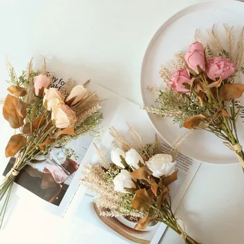 Casamento Segurando Flores Artificiais de Plástico Buquê de Casa Primavera, Outono Decorações Branca-de-Rosa Sempre Rosa de Presente do Dia dos Namorados