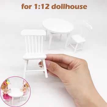 Cor branca de 1:12, A Madeira, Casa de bonecas em Miniatura interior da Mobília modelo de Cor Branca Mesa de Jantar Conjunto de Cadeira de DIY Móveis fg