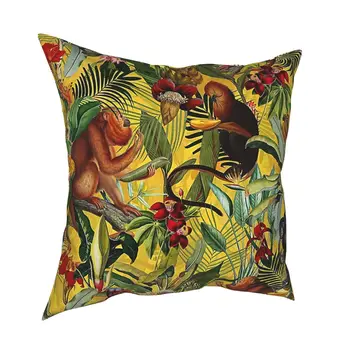 Tropical Monkey Selva Padrão Amarelo Fronha de Impressão de Poliéster Capa de Almofada Decoração de capa de Almofada 40X40cm Capa de Almofada