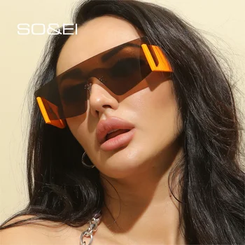 ENTÃO,&EI Moda Oversized sem aro, Um Pedaço de Mulheres de Óculos de sol Retro Laranja Chá de Óculos Tons UV400 Homens Ampla Pernas Óculos de Sol