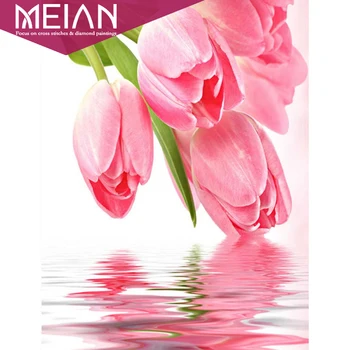 2020 Meian flor bordado de Diamante tulipas cor-de-rosa flores 5d diamante pintura completa bordado de strass mosaico arte de decoração de casa
