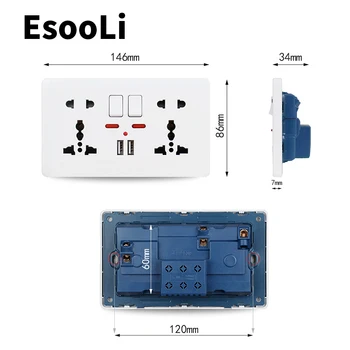 EsooLi botão de pressão 2.1 Uma Dupla Carregador USB Porta LED indicador de Alimentação de Parede Tomada Dupla Universal do Furo de 5 de Comutação de Saída 146mm*86mm