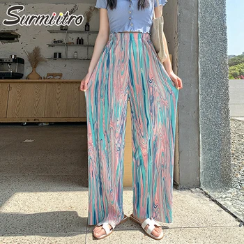 SURMIITRO 2021 Fluxo de Verão Cor de Perna Larga Longo Plissado Calças para Mulheres Casuais Estilo coreano Comprimento de Piso Cintura Alta Calças Femininas