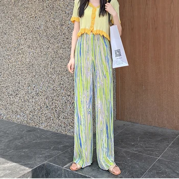 SURMIITRO 2021 Fluxo de Verão Cor de Perna Larga Longo Plissado Calças para Mulheres Casuais Estilo coreano Comprimento de Piso Cintura Alta Calças Femininas