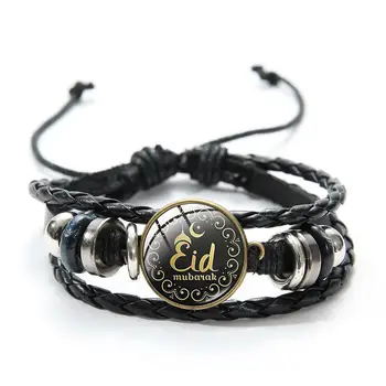 SONGDA Moda Muçulmana de Eid Mubarak, Bracelete de Couro de Ramadã Art Padrão de Cabochão de Vidro Ajustáveis Charme Pulseiras para Mulheres, Homens