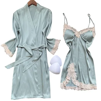 2021 Verão Renda Robe Vestido De Conjuntos Mulheres Nightdress+Bathroe Pijamas Femininos Roupa De Homewear Sono Salão