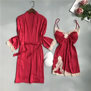2021 Verão Renda Robe Vestido De Conjuntos Mulheres Nightdress+Bathroe Pijamas Femininos Roupa De Homewear Sono Salão