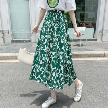 Tiro Saia Floral Feminino de Verão Elástico de Cintura Alta Fina e Solta Uma Saia-line Senhoras coreano Estilo Ulzzang Vintage Mulher de Saias