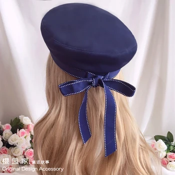 Menina de Coração Mole Menina LOLITA Bow Fita Marinha do Vento Boina Brincalhão Azul Branco Chapéu de Cosplay de Desempenho