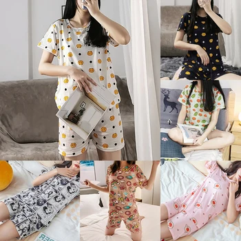 2021 Solto e Casual Pijamas de Verão Bonito Pijama Conjunto Para as Mulheres Pijamas T-Shirts e Shorts Laranja Fruto de Impressão Menina Pjs Homewear
