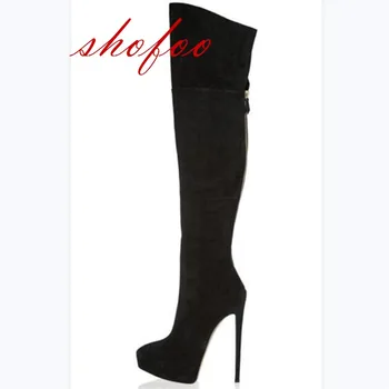 SHOFOO sapatos,moda Linda senhora, botas, banquete botas,sobre o joelho, botas de camurça,cerca de 12,5 cm de botas de salto alto.