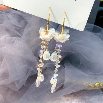 Novo coreano 2021 laço flor longo pérola de borla contratada Mulheres temperamento brincos de bijuterias