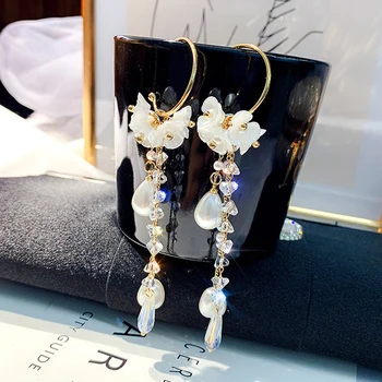 Novo coreano 2021 laço flor longo pérola de borla contratada Mulheres temperamento brincos de bijuterias