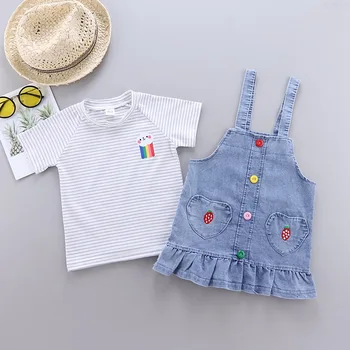 O verão recém-nascidos roupas de menina roupa conjunto T-shirt top denim correia saia terno para 1 a 2 anos de aniversário da menina do bebê conjuntos de vestuário
