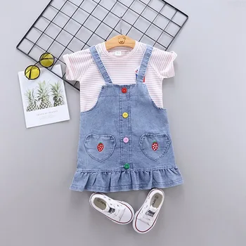 O verão recém-nascidos roupas de menina roupa conjunto T-shirt top denim correia saia terno para 1 a 2 anos de aniversário da menina do bebê conjuntos de vestuário