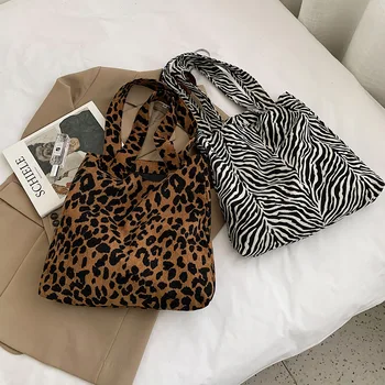 Moda Das Mulheres De Veludo Bolsa Casual Zebra Leopardo Impresso De Grande Capacidade De Ombro Sacolas De Senhoras De Viagens De Compras Bolsa