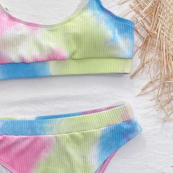 Tie-dye com Preenchimento Funda Bikini Mulheres de Maiô Cintura Alta Triângulo Empurre-a para Cima do Biquíni Sexy de Terno Praia as Mulheres de Duas peças Swimsuit
