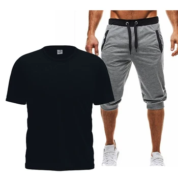 2021 Verão de Homens de cor sólida T-shirt Conjunto de 2 peças de roupas esportivas de basquete esportes fitness manga curta + calças de jogging
