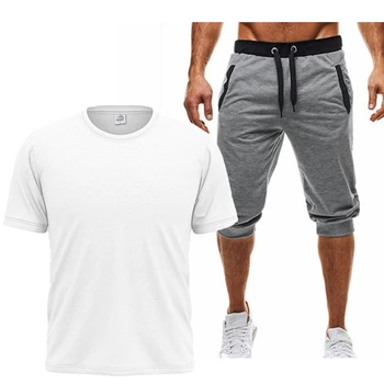 2021 Verão de Homens de cor sólida T-shirt Conjunto de 2 peças de roupas esportivas de basquete esportes fitness manga curta + calças de jogging