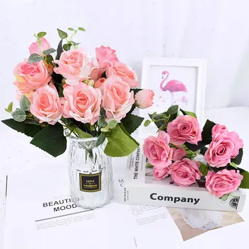 1bunch de Flores Artificiais em Seda Rosa Falso Flor Para DIY Sala de estar, Jardim de Casa Festa de Aniversário, Decoração de Casamento Rosa Artificial