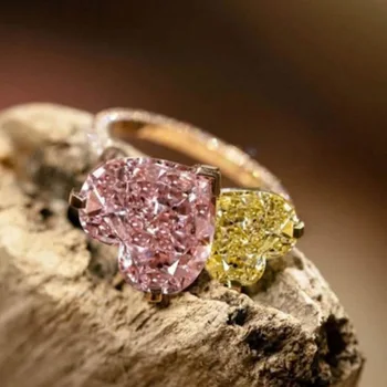 Requintado Luxo, Mulheres Doces Anéis Amarelo cor-de-Rosa do Coração de Casal Zircão Anel de Dedo para a Festa de Casamento Jóias Acessórios