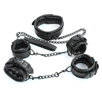 Couro preto Bdsm Bondage Conjunto de 3pcs Restrições Colares pulseira de Tornozelo Algemas Para o Sexo Escravidão Conjunto de Brinquedos Sexuais Para Mulheres Adultos