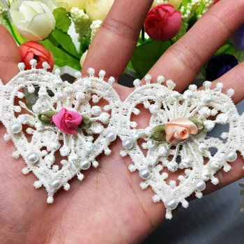 10X de Damasco Coração Pérola de Flores Bordado Lace Trim Applique Recorte de Fita de Tecido, Costura, Artesanato feito a mão de Decoração de Casamento