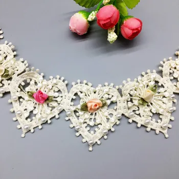 10X de Damasco Coração Pérola de Flores Bordado Lace Trim Applique Recorte de Fita de Tecido, Costura, Artesanato feito a mão de Decoração de Casamento