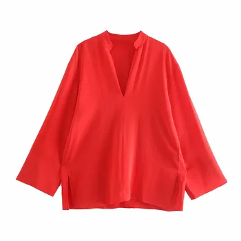 Za Mulheres 2021 vermelho com decote em V design Dividido Armar camisa de Moda Solta Vintage Manga Longa Feminino Camisas, Tops Chique