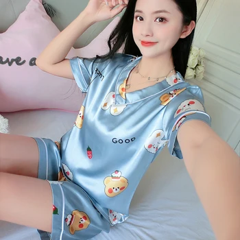 Pijama Conjunto para as Mulheres de Verão da Nova V-pescoço de Seda coreano Solta Doce Bonito dos desenhos animados de Curta manga Casa Desgaste Pano de Mulheres Sensuais Sleepwear