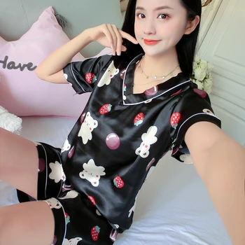 Pijama Conjunto para as Mulheres de Verão da Nova V-pescoço de Seda coreano Solta Doce Bonito dos desenhos animados de Curta manga Casa Desgaste Pano de Mulheres Sensuais Sleepwear