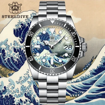 STEELDIVE Novo 300M Relógio de Mergulho Completo Luminoso de Kanagawa de Surf de Discagem NH35 Mecânico Automático Homens Relógio de Safira Relógio de mergulho