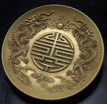 China dupla de bronze de dragão jogar talão prato de artesanato estátua