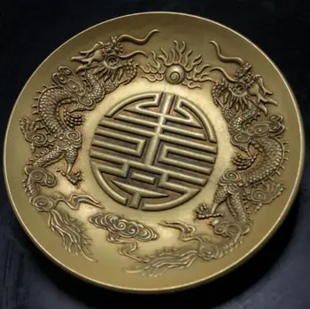 China dupla de bronze de dragão jogar talão prato de artesanato estátua