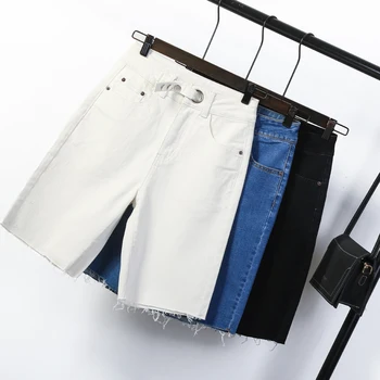Jeans para mulheres Solta Alta Elástico na Cintura Verão Zíper na altura do Joelho Femme azul branco Jeans Reta Calças