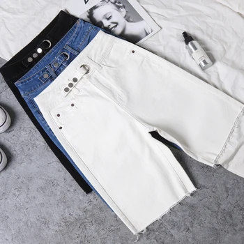 Jeans para mulheres Solta Alta Elástico na Cintura Verão Zíper na altura do Joelho Femme azul branco Jeans Reta Calças