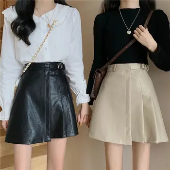 Saia de Mulheres PU Couro Plissado Mini Menina Negra Saia coreano Blet Cintura Alta Bonito Curto Harajuku Escola Kawaii Streetwear