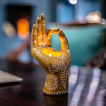 Buda Suporte De Vela Mudra Mão De Mesa Tealight Decoração Colecionáveis Bonecos Família Mão Enfeite Decoração Acessórios