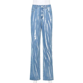 Waatfaak Impresso Divisão Azul Y2K calças de Brim das Mulheres Straight Leg Harajuku Jeans Carga Calças Jeans Skinny Mulheres de Cintura Alta Vintage Cair