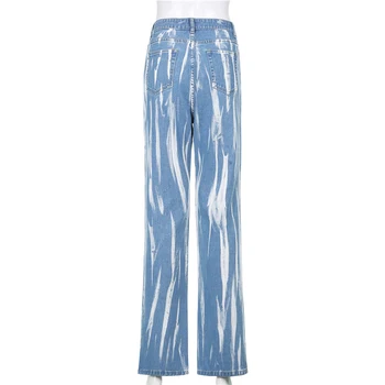 Waatfaak Impresso Divisão Azul Y2K calças de Brim das Mulheres Straight Leg Harajuku Jeans Carga Calças Jeans Skinny Mulheres de Cintura Alta Vintage Cair