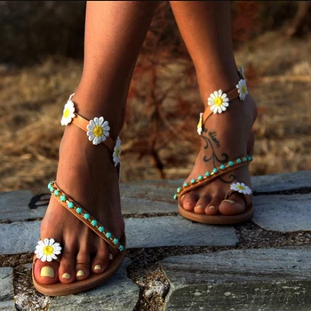 Verão As Mulheres Sapatos De Televisão Salto Sandálias Gladiador Moda Feminina Confortável Flores Doces Boho Sandálias De Praia Plus Size 35-44